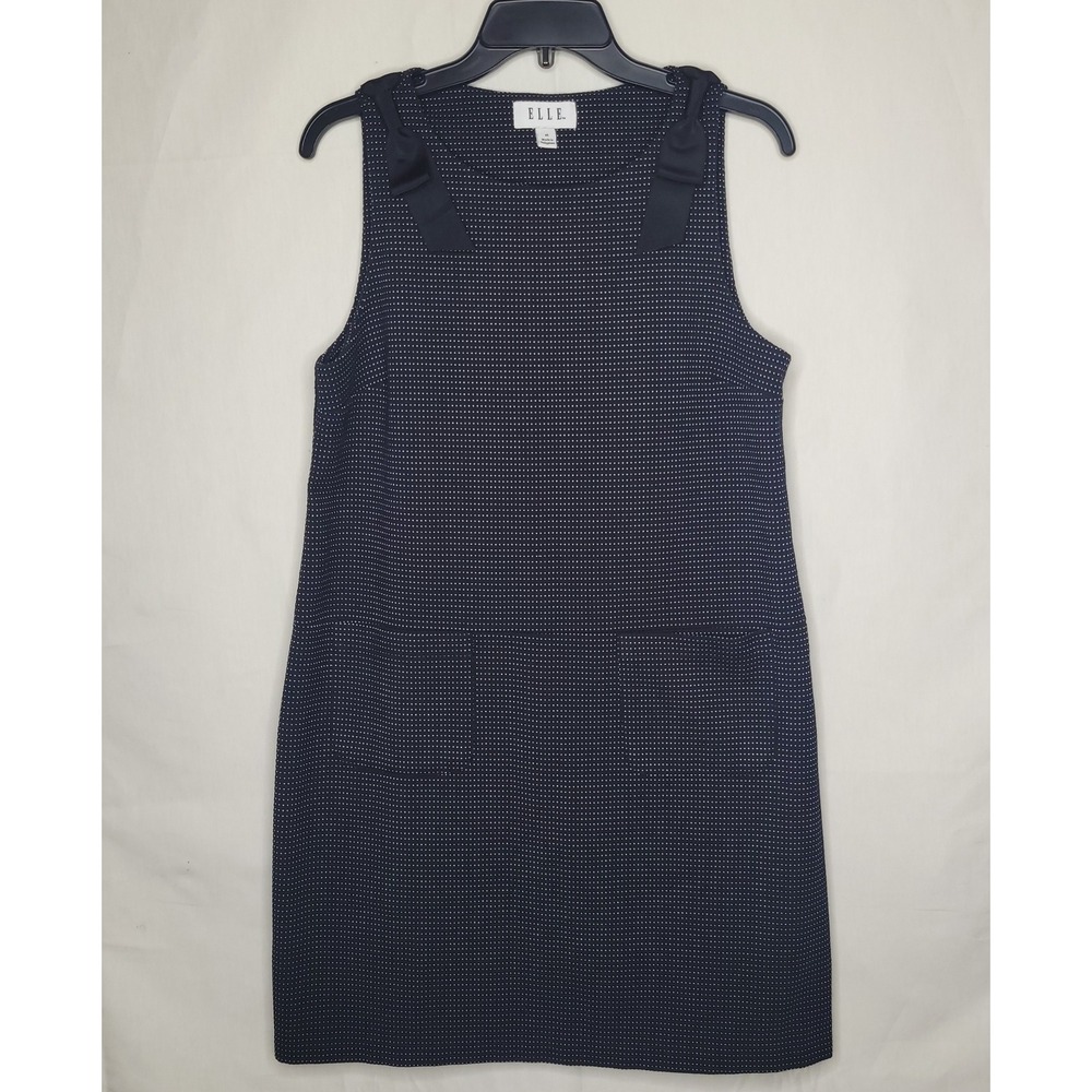 ELLEâ Navy Blue/White Polka Dot Shift Dress w/Bows on Shoulder